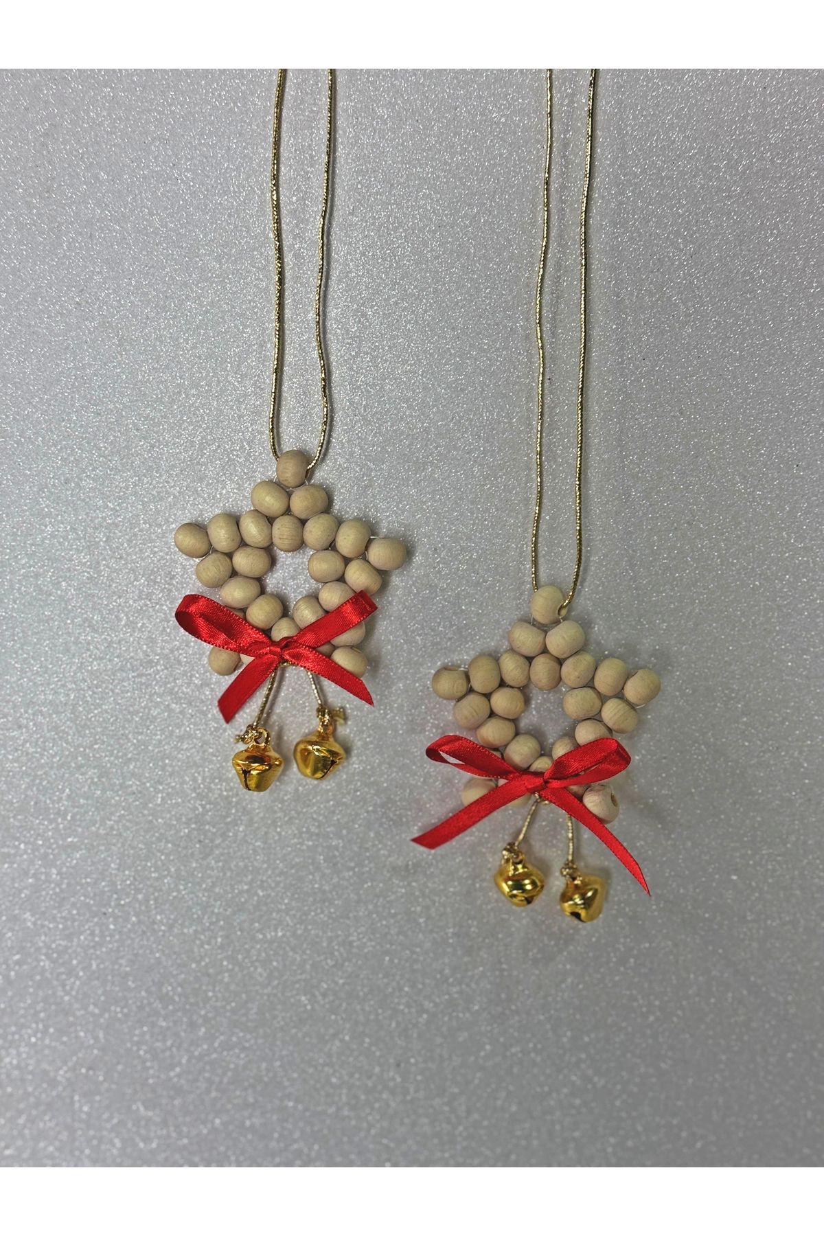 2li Çam Ağacı Süsü Dekoratif Ahşap Boncuklu Yıldız-705-Large