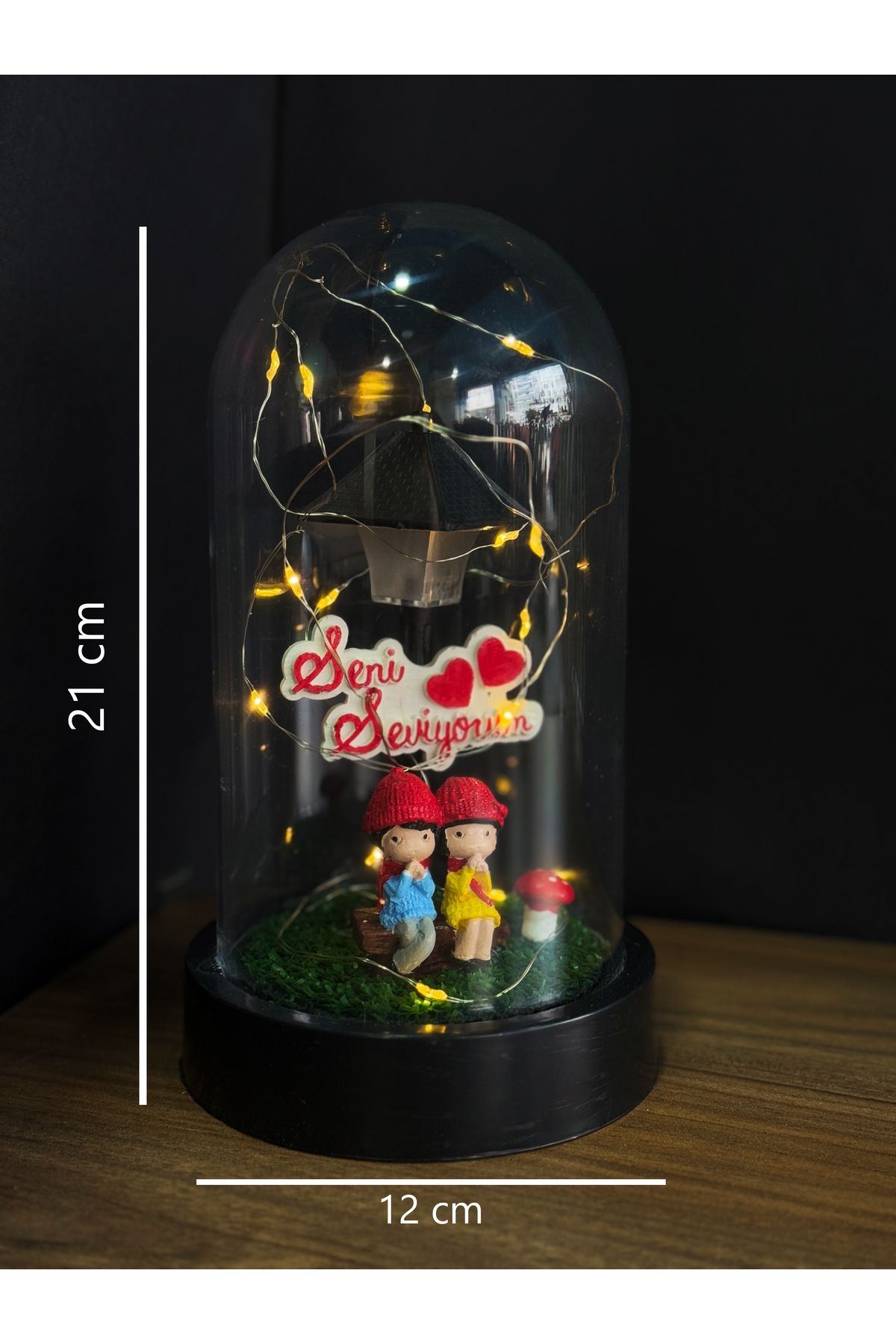 Seni Seviyorum Yazılı Çift Biblo Bebekler Lamba Peri Led Işıklı Fanus-647-Large